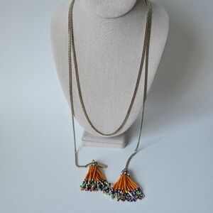 Rada Italy Lariat Necklace Orange Seed Bead Tassel Multi Color Summer Festival